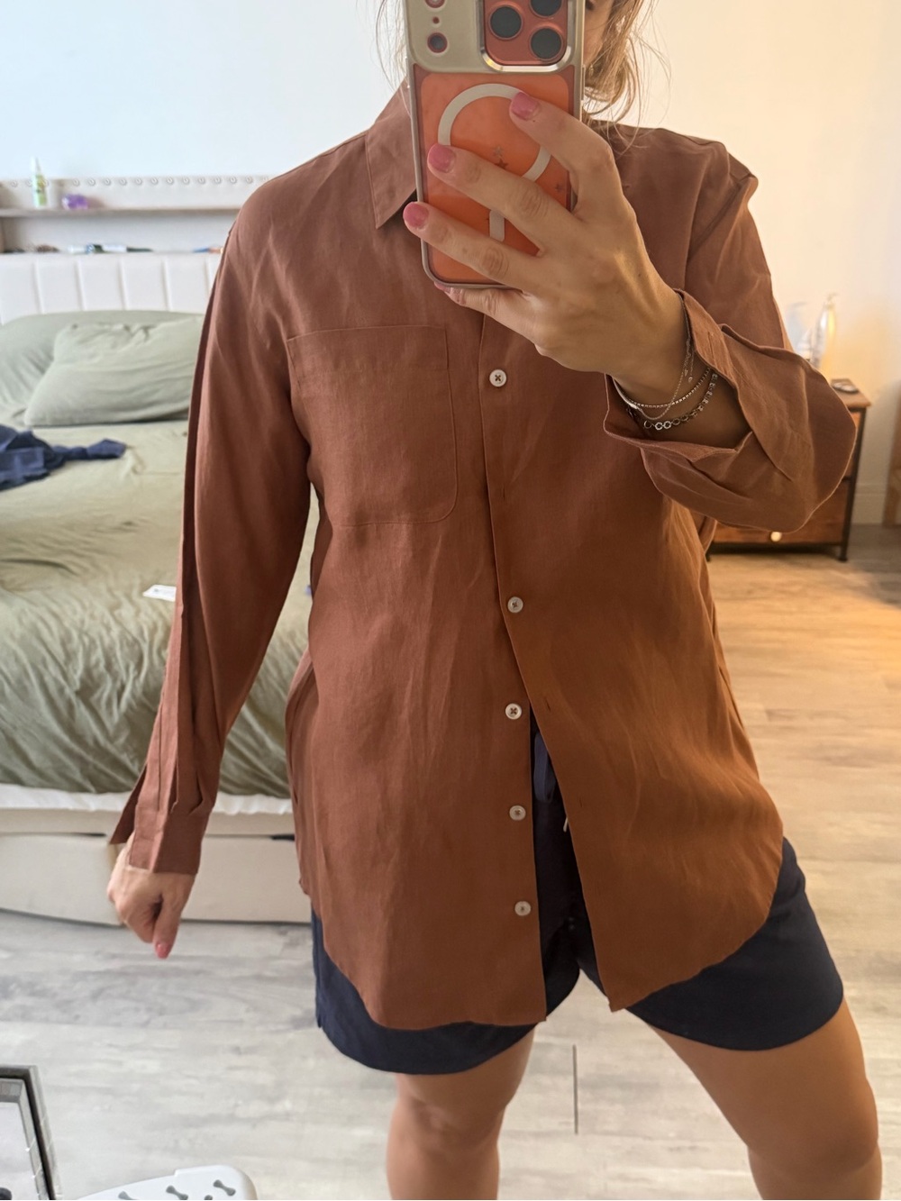 Women’s Rust Brown Button-Up Shirt - Classic Long Sleeve 100% linen - Picture 5 of 6